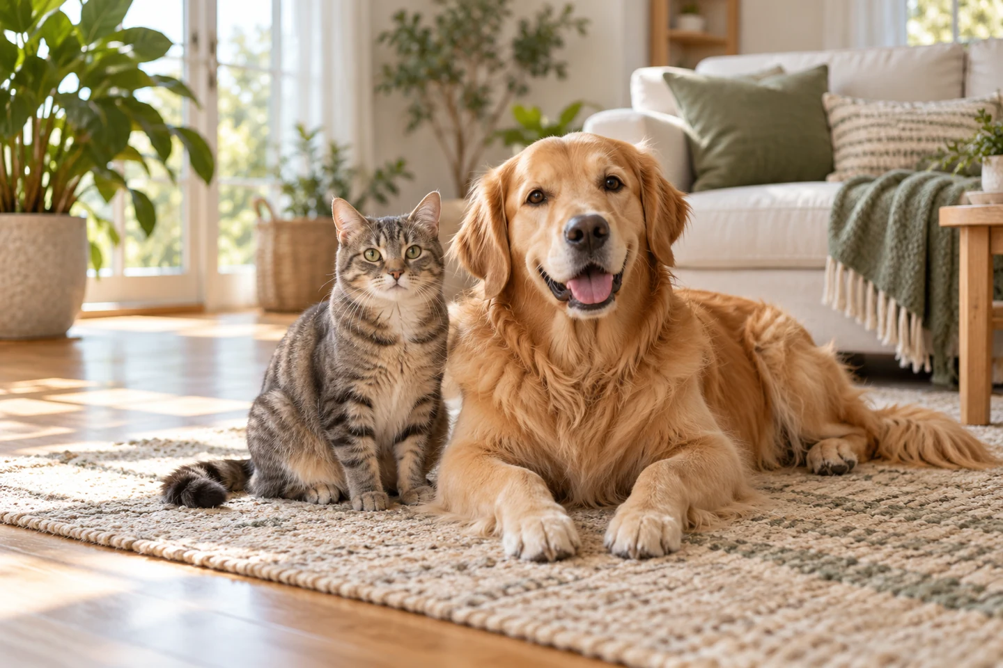 Illustrative scene of a golden retriever and a tabby cat relaxing together in a sunlit home